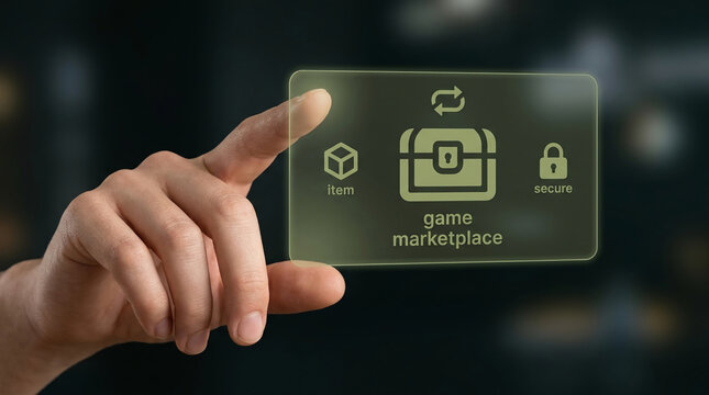 Man pointing at digital game marketplace interface with secure loot chest, virtual items and exchange icons for online gaming economy