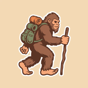Bigfoot Hiker With Backpack Cartoon Illustration