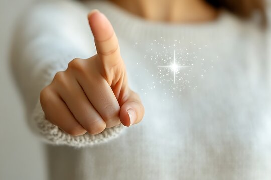 Close-up of a woman's hand pointing with index finger, magical sparkle effect, light grey sweater, soft focus, lifestyle, magic theme, positivity