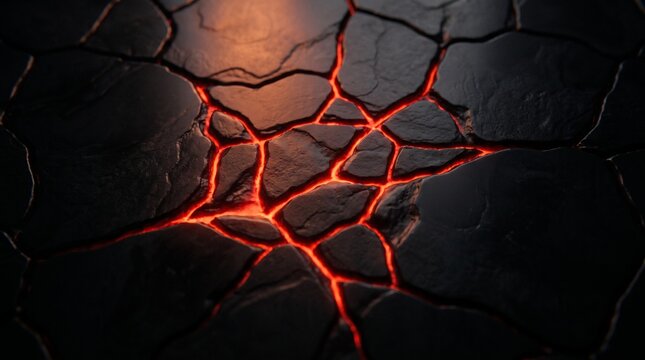 Cracked earth with glowing red hot lava lava vein flows underneath the ground surface