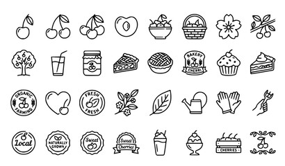 Obraz premium Cherry and Fruit Botanical Icon Collection with Sweet Berry Food Dessert and Nature Symbols Editable Vector Set