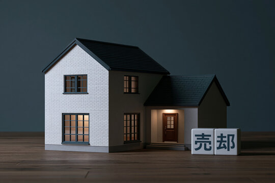住宅売却を表す一戸建ての模型と「売却」の文字ブロック