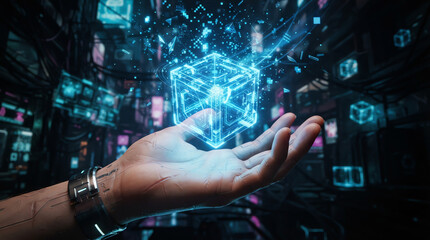 Fototapeta premium hand holding glowing blue cube in futuristic background