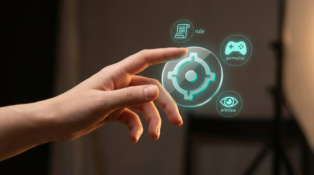 Human hand interacting with virtual reality gaming interface showing target crosshair, rules, gameplay, and preview features for software design.