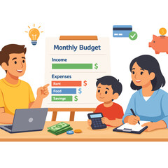 Naklejka premium Family planning monthly budget together at home with laptop and calculator