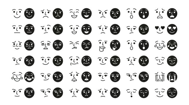 Minimalist emoji face icons set, 72 facial expression avatars in black and white, diverse human emotion character symbols for UI design