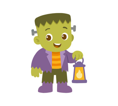 Adorable little monster character in a Halloween costume, holding a glowing lantern, perfect for spooky season designs and children's event illustrations