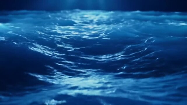 A dark blue ocean surface with gentle rolling waves under soft light