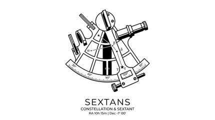 Minimalist sextant navigation instrument and celestial constellation line art vector illustration © Mafaat