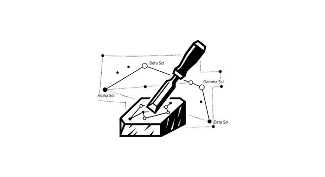 Minimalist chisel carving stone with celestial constellation diagrams illustration