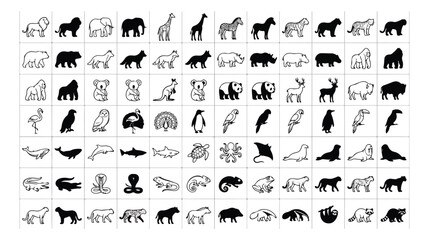 Fototapeta premium Minimalist wild animal icon set, 84 black and white zoo animal silhouettes and line art vectors, safari wildlife symbols for educational infographics