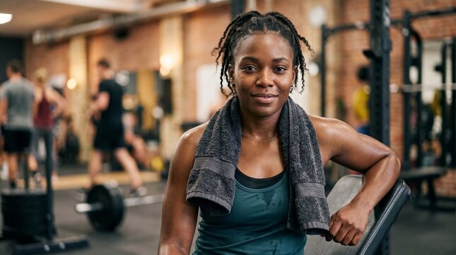Fit Black Woman With Towel Around Neck Smiling After Gym Workout