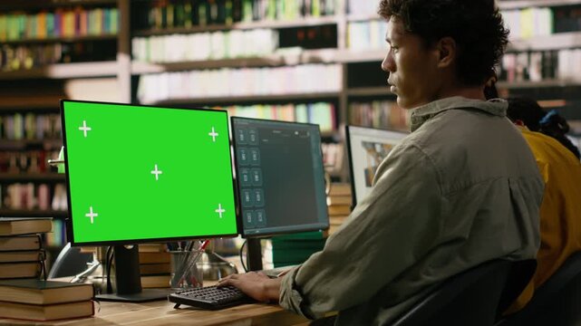 Green screen mockup on computer monitor at library table, workspace with students learning and doing research, for digital compositing and screen replacement.