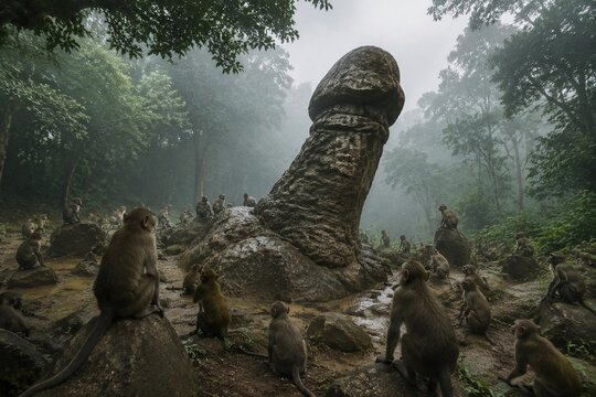A troop of monkeys around a rock formation in a jungle clearing.