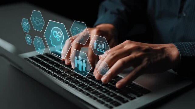 Head with gear and icons representing learning, digital training, and development process, showing skill growth for human or AI systems through knowledge or task optimization Marrow