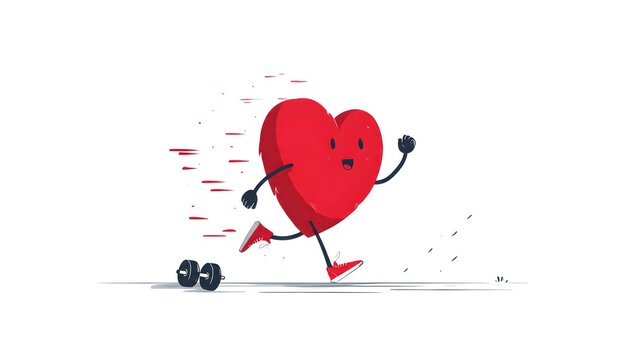 Cute Cartoon Heart Character Running and Lifting Dumbbell Weights. Vector Illustration Concept for Cardio Workout, Fitness Training, Healthy Lifestyle, and Cardiovascular Strength Wellness.