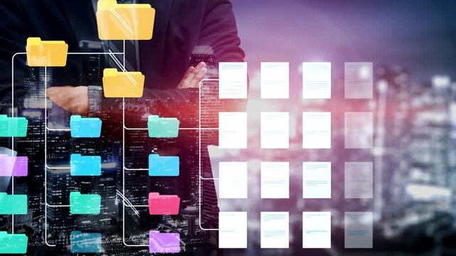 Conceptual digital network diagram with colorful folders and documents overlaying a cityscape at night, representing data management and organization. Entropy.