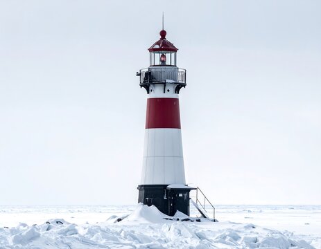 Red and white lighthouse standing tall in snowy landscape.