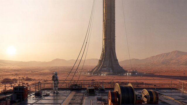 Mars Base Tower: An astronaut surveys a colossal tower on the Martian landscape, a testament to human ingenuity and exploration against a backdrop of desolate beauty and a pale, alien sky.