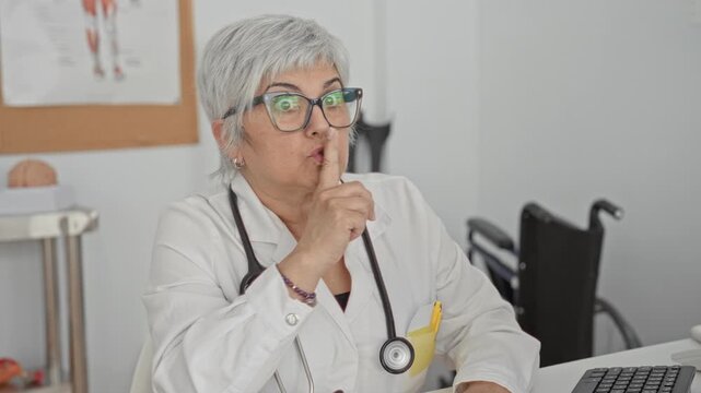 Woman doctor in white coat with stethoscope and glasses holds finger to lips at her desk beside a wheelchair and anatomical poster in a clinic building; quiet confidentiality.