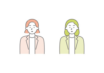 Fototapeta premium 喜怒哀楽の「怒」の表情をしているビジネスパーソンの女性二人組のイラストセット（黄緑・ピンク）