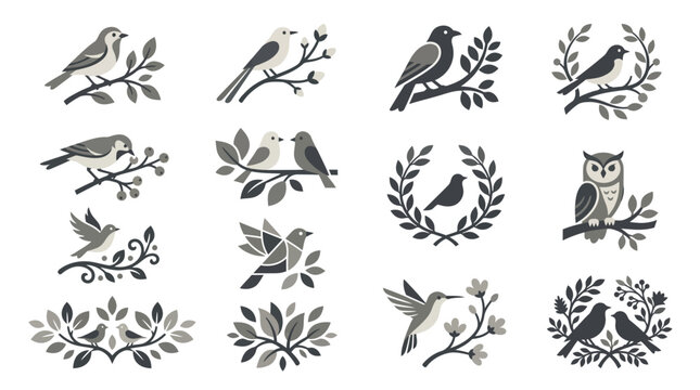 Elegant bird and floral branch emblem collection