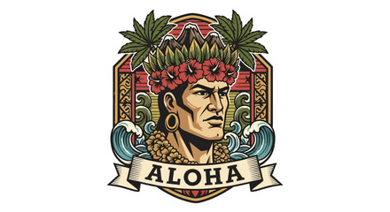 Vintage Hawaiian Emblem Featuring Surf Culture and Tropical Flora Vector Illustration © Remb