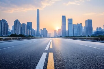 Fototapeta premium Modern city skyline with towering skyscrapers and wide empty road during sunset, urban landscape, financial district, daytime cityscape