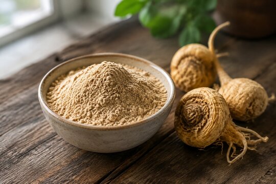 Finely ground maca powder in bowl with dried roots on wood.