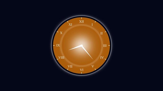 Vintage clock animation showing fast moving hands on orange face with roman numerals against dark background representing rapid passage of time and concept of deadlines looming.