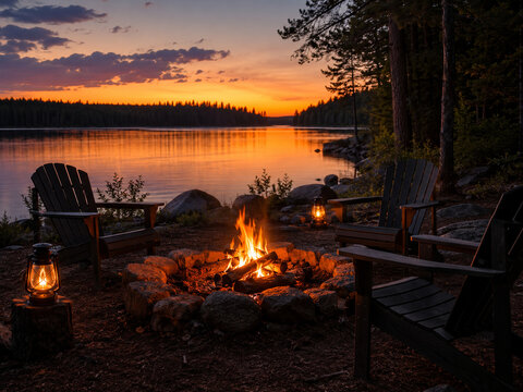 Lakeside campfire at sunset with empty Adirondack chairs, glowing lanterns and calm water reflecting orange evening sky.