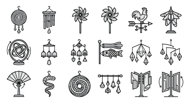 Line art wind chimes and outdoor ornaments collection.