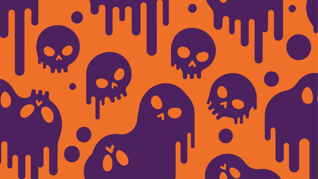 Halloween seamless pattern with purple dripping skulls and ghosts on orange background. Flat vector illustration EPS 10.