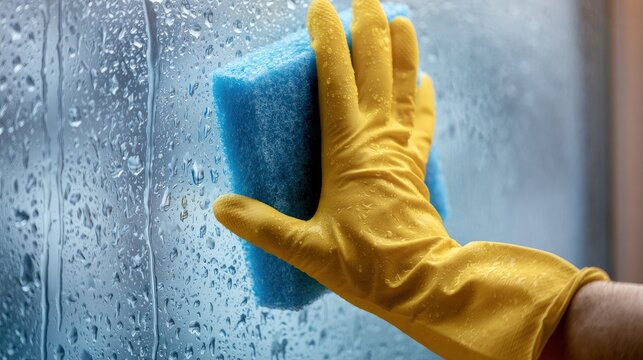 Hand wearing yellow glove cleans window with blue sponge, water drops
