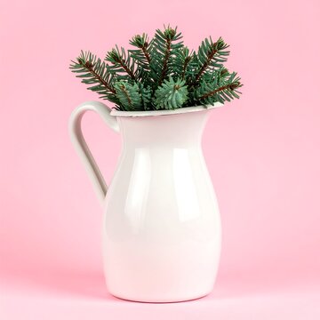 White ceramic mug with pine sprigs on pink background.