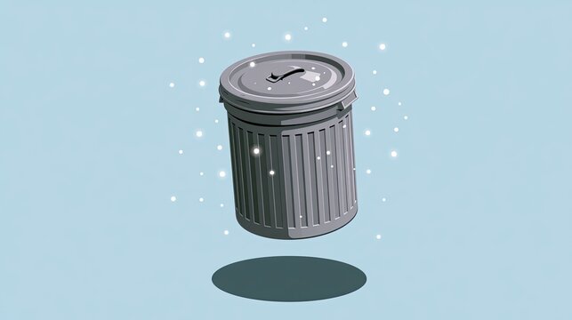 A grey trash can floats mid-air on a light blue background with sparkle effects