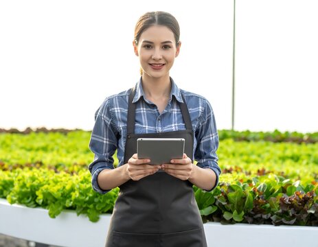 Young woman holding a tablet outdoors in a garden.