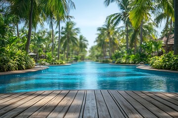 Fototapeta premium Luxurious tropical resort swimming pool surrounded by lush greenery and tall palm trees in a tropical paradise setting