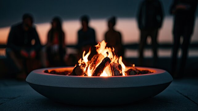 Warm glowing fire pit with blurred figures gathered around at dusk