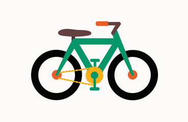 Obraz premium Minimalist flat-style illustration of a bicycle with a green frame, black wheels with orange hub accents, a brown seat and handlebar grips with an orange bar end, and a yellow gear/chain assembly.