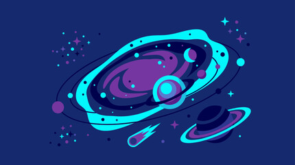 Stylized galaxy with swirling nebula and distant planets. © masheri
