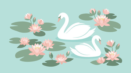 White swans swimming in a pond with lily pads. © masheri