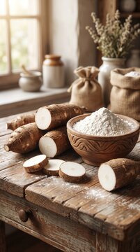 Raw cassava roots with slices and a bowl of fresh white cassava flour on rustic wooden table