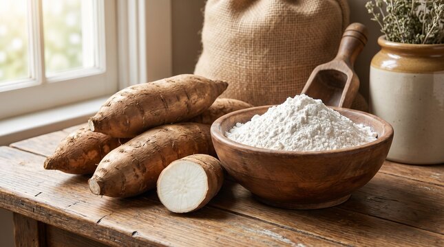Fresh cassava roots and a wooden bowl filled with white manioc flour in rustic kitchen setting