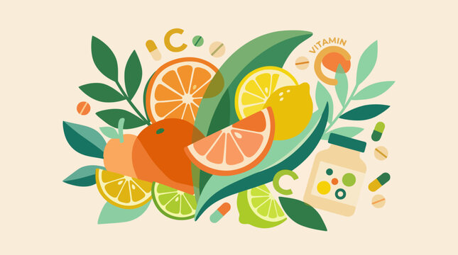Citrus fruits and vitamin supplements with green leaves.