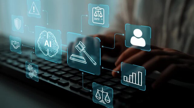 Futuristic Legal Technology Interface Featuring Gavel, AI, and Data Analytics with User Interaction and Legal Symbols. Entropy.