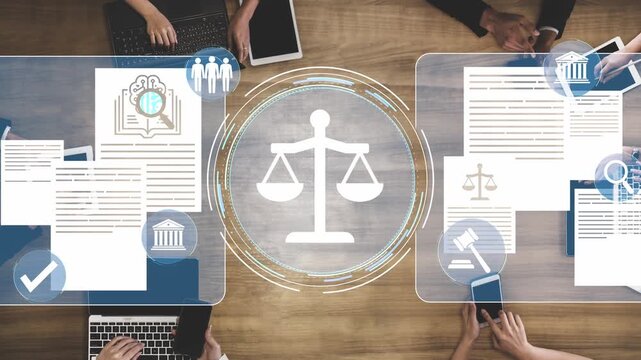 Collaborative Legal Research and Analysis with Digital Tools and Scales of Justice Icon Representing Balance in Law. Entropy.