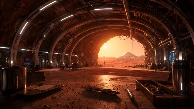 Futuristic Desert Base: A sprawling, sci-fi-inspired base emerges from a desolate desert landscape, bathed in the warm hues of a fiery sunset.