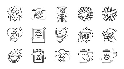 Photography Icons Set: Cameras, Film, Memory Card, Flash, Shutter, Tripod, Starbursts © Quntul