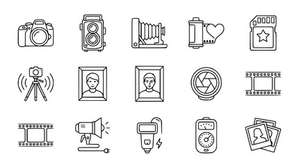 Fototapeta premium Photography Icons Set: Cameras, Film, Memory Card, Light Meter, Portraits